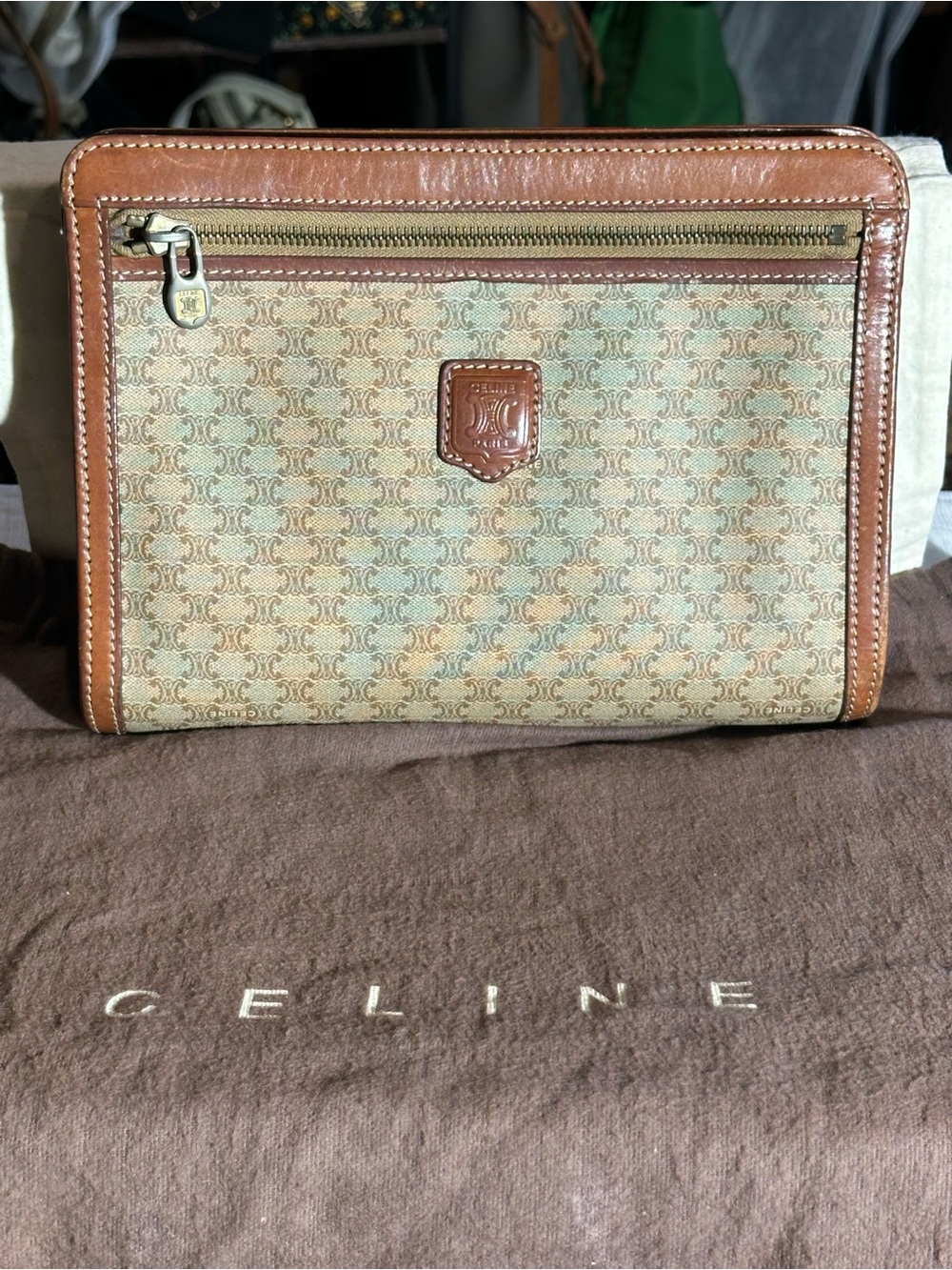 Vintage Celine Brown Monogram Toiletry Pouch with Leather Trim